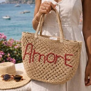 TI SENTO Milano Woven Straw Tote – “Amore” Embroidered Market Bag